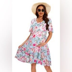 Smallshow blue & pink floral ruffle sleeve tiered maternity dress, XL.